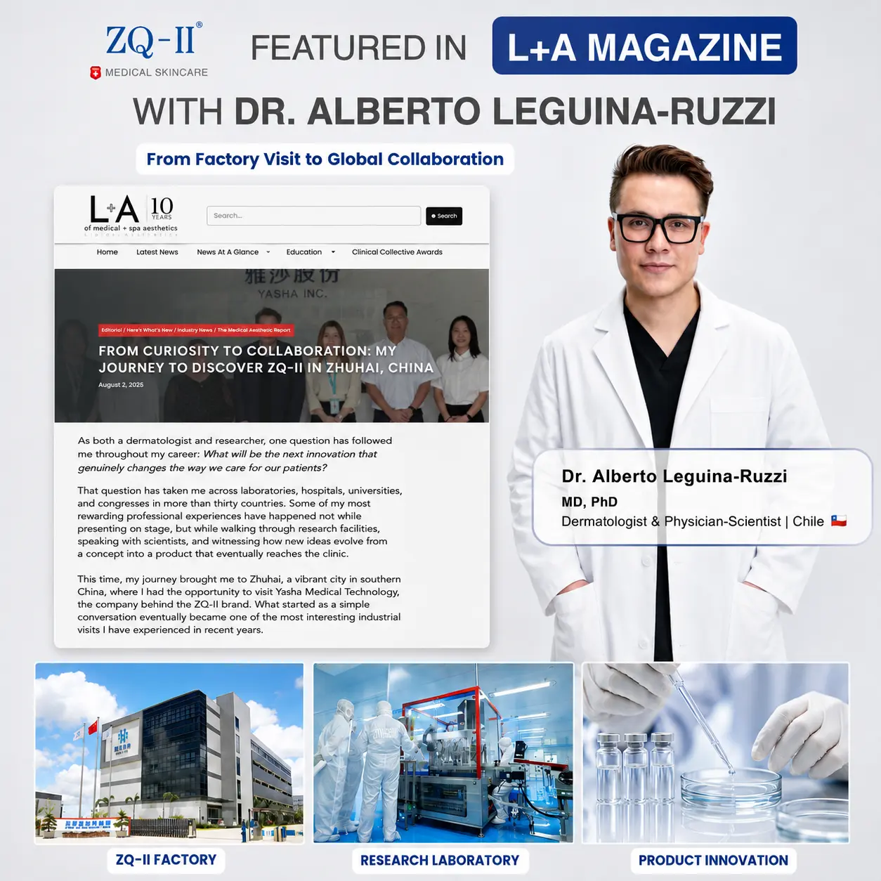 L+A မဂ္ဂဇင်းတွင် ဖော်ပြထားသော ZQ-II ဆေးဘက်ဆိုင်ရာ အသားအရေထိန်းသိမ်းမှုသို့ ဒေါက်တာ Alberto Leguina-Ruzzi၊ MD၊ PhD ၏ လည်ပတ်မှု